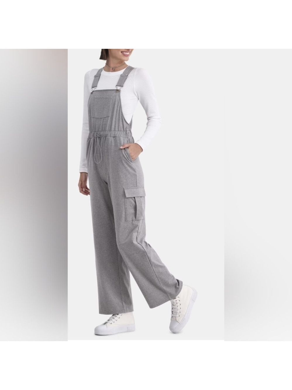 3X • No Boundaries • Soft Grey Bungee Waist Wide Leg Overalls W/ Cargo Pockets